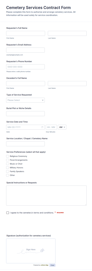 Cemetery Services Contract Form Template