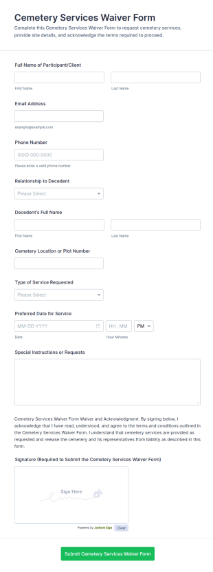 Cemetery Services Waiver Form Template