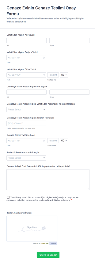 Cenaze Evinin Cenaze Teslimi Onay Form Template