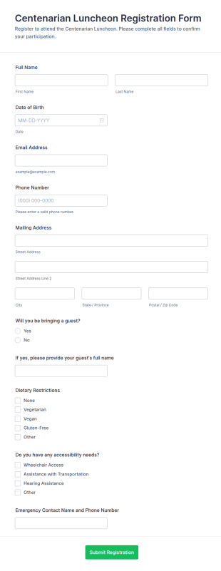 Centenarian Luncheon Registration Form Template