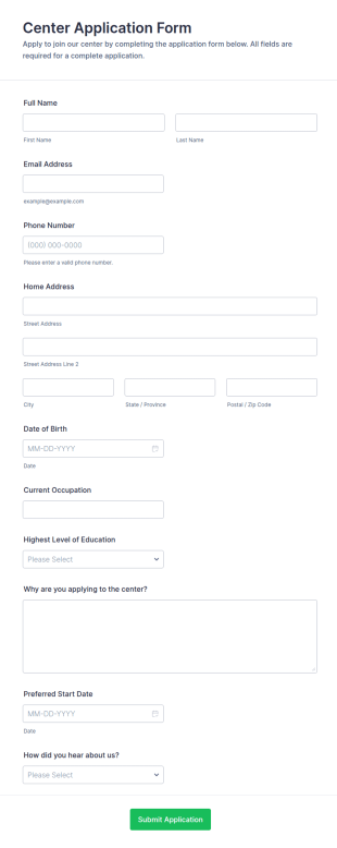Center Application Form Template