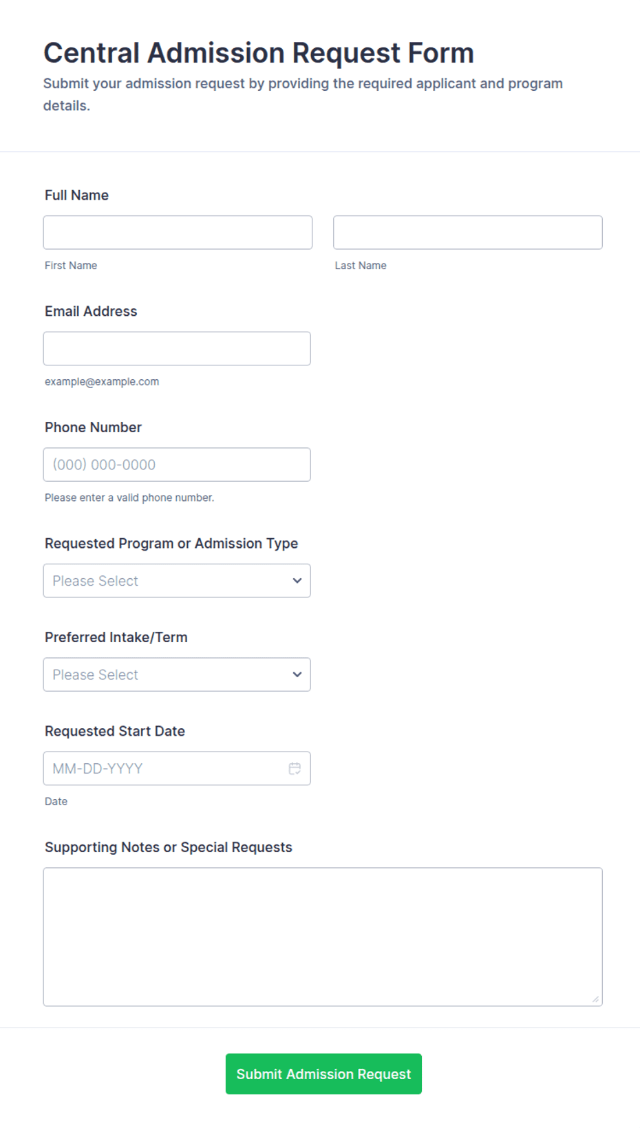 Central Admission Request Form Template | Jotform