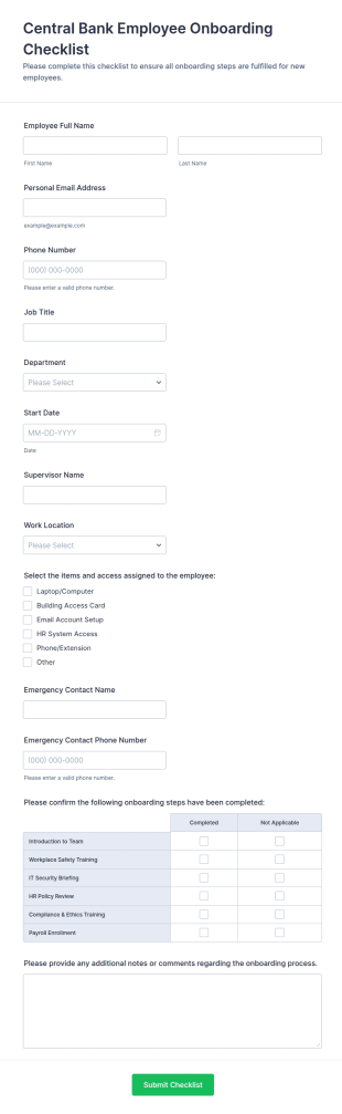 Central Bank Employee Onboarding Checklist Form Template