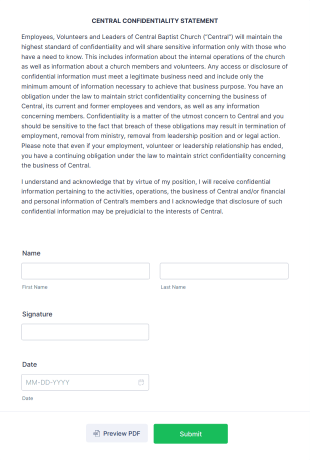 Central Confidentiality Statement Form Template