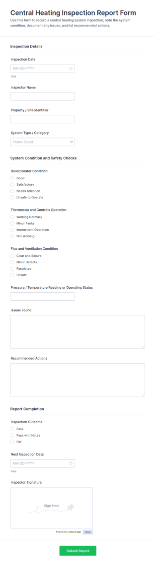 Central Heating Inspection Report Form Template
