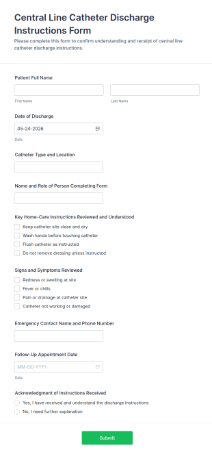 Central Line Catheter Discharge Instructions Form Template