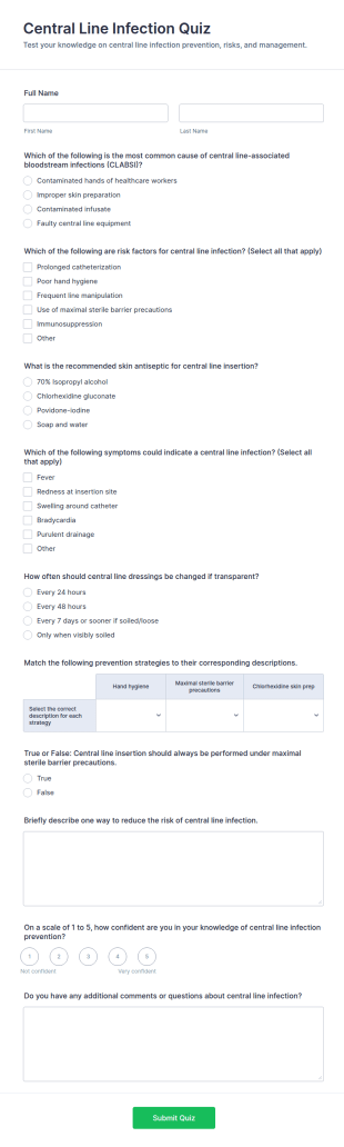 Central Line Infection Quiz Form Template