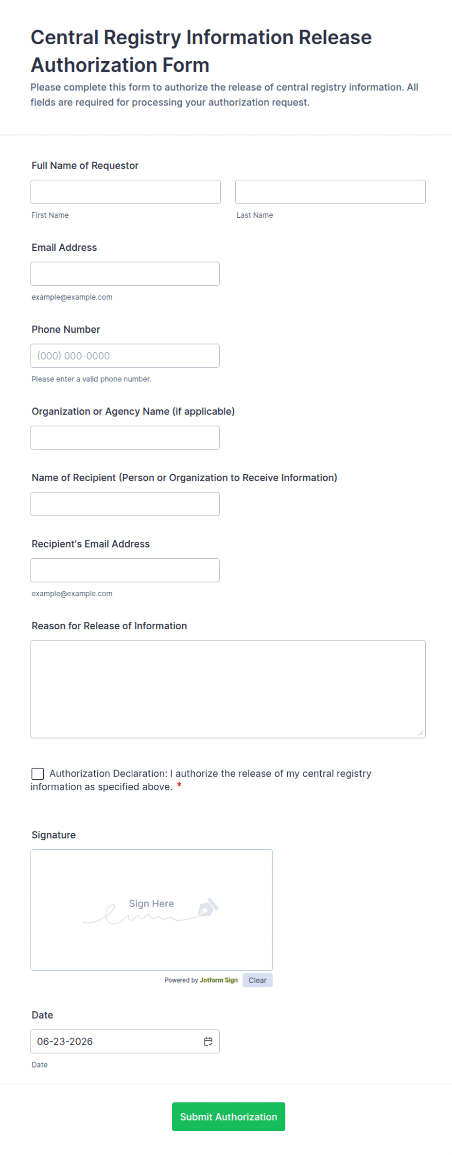 Central Registry Information Release Authorization Form Template | Jotform