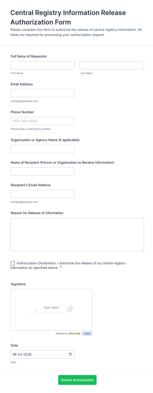 Central Registry Information Release Authorization Form Template