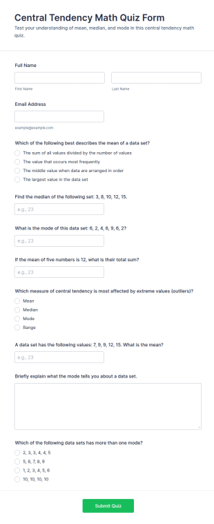 Central Tendency Math Quiz Form Template