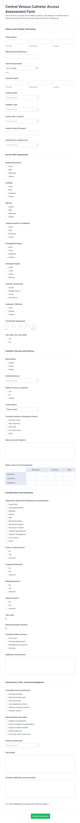 Central Venous Catheter Access Assessment Form Template