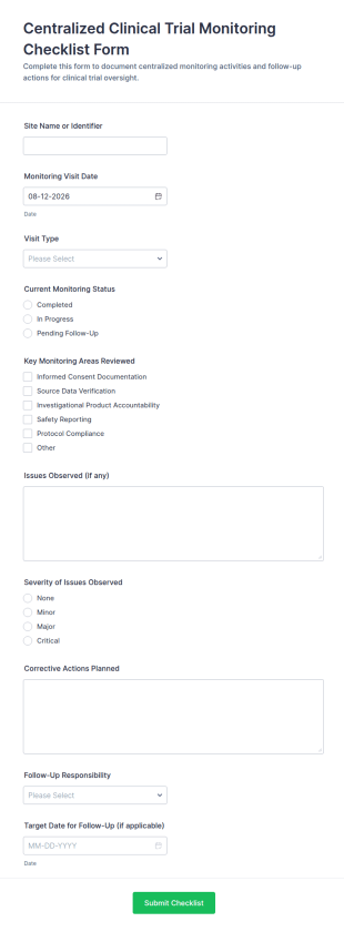 Centralized Clinical Trial Monitoring Checklist Form Template