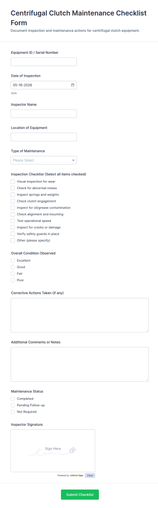 Centrifugal Clutch Maintenance Checklist Form Template