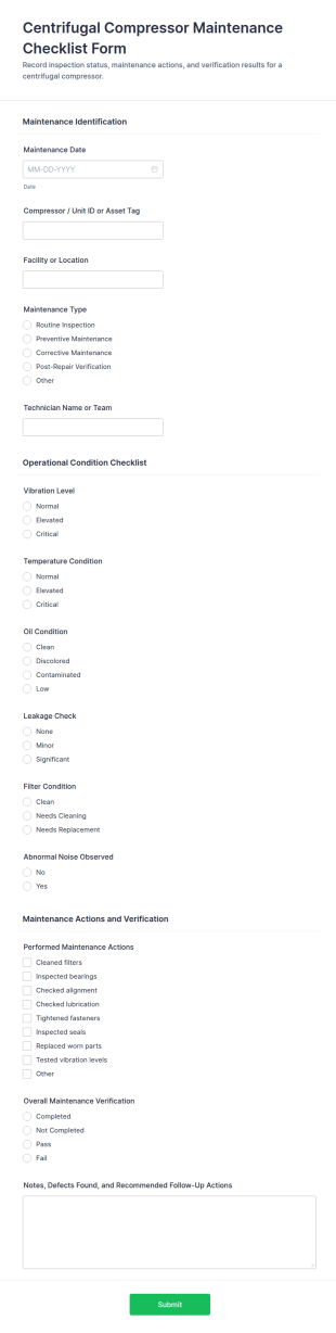 Centrifugal Compressor Maintenance Checklist Form Template