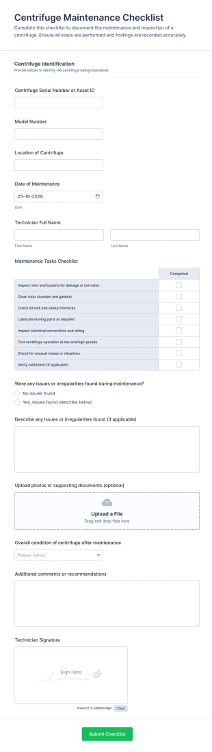 Centrifuge Maintenance Checklist Form Template
