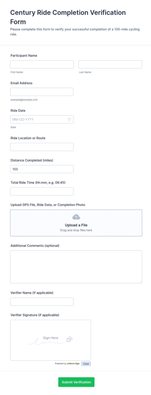 Century Ride Completion Verification Form Template