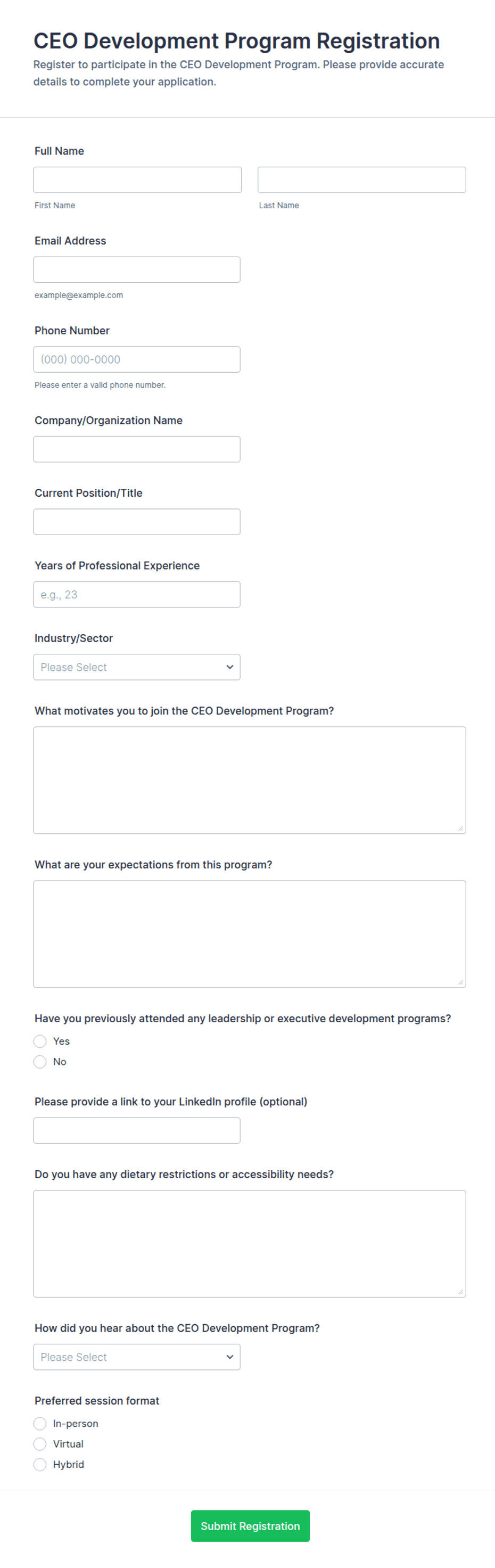 CEO Development Program Registration Form Template | Jotform