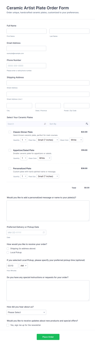 Ceramic Artist Plate Order Form Template