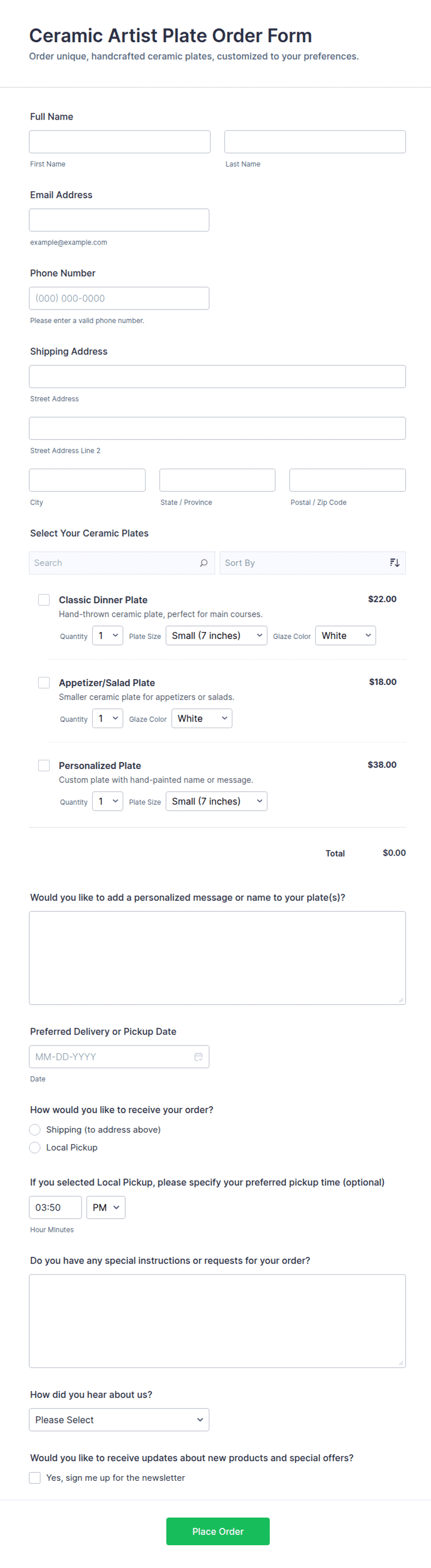 Ceramic Work Form Example Ceramic Artist Plate Order Form Template | Jotform