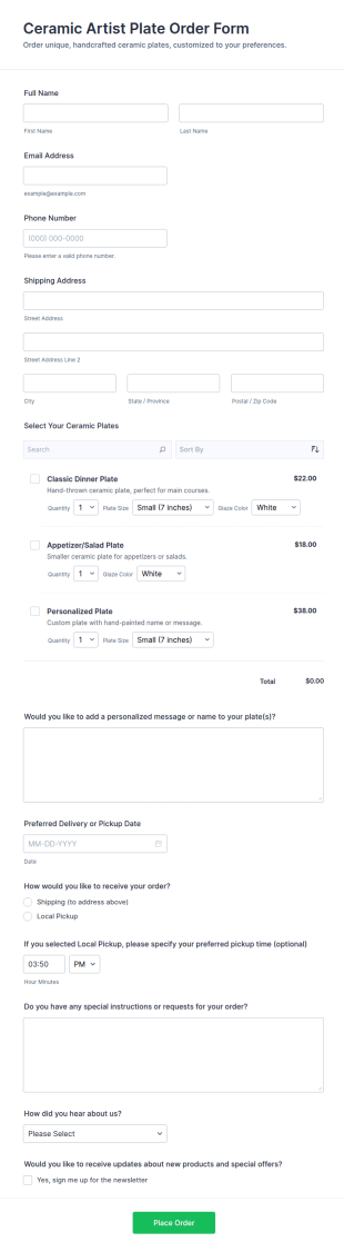 Ceramic Artist Plate Order Form Template