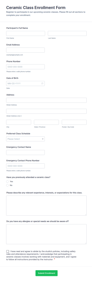 Ceramic Class Enrollment Form Template