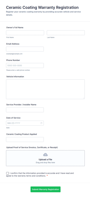 Ceramic Coating Warranty Registration Form Template