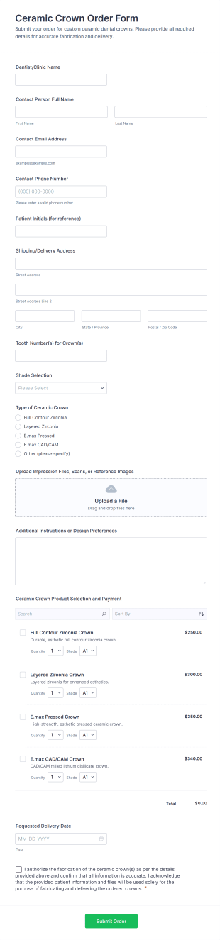 Ceramic Crown Order Form Template