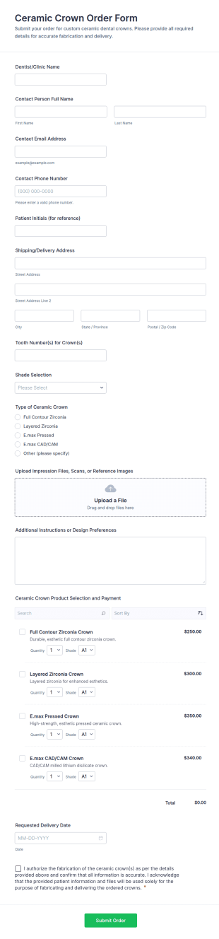 Ceramic Crown Order Form Template