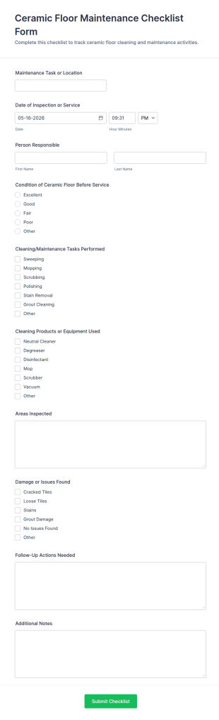 Ceramic Floor Maintenance Checklist Form Template