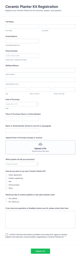 Ceramic Planter Kit Registration Form Template