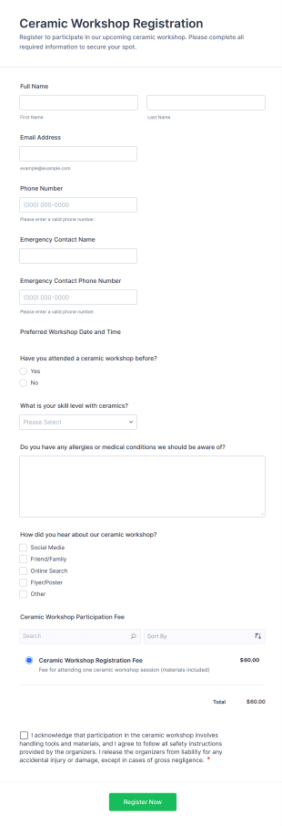 Ceramic Workshop Registration Form Template
