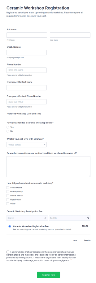 Ceramic Workshop Registration Form Template