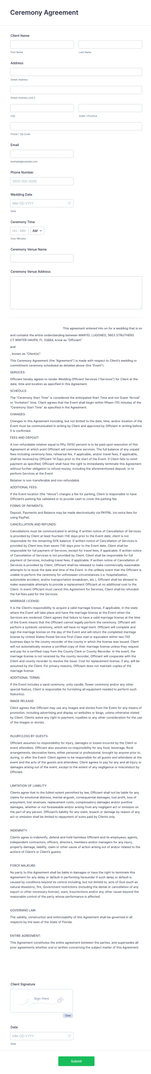 Ceremony Agreement Form Template