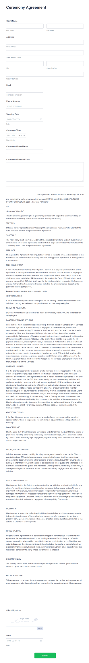 Ceremony Agreement Form Template