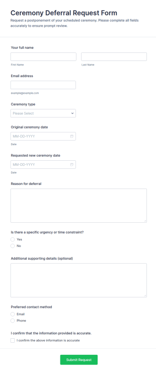 Ceremony Deferral Request Form Template