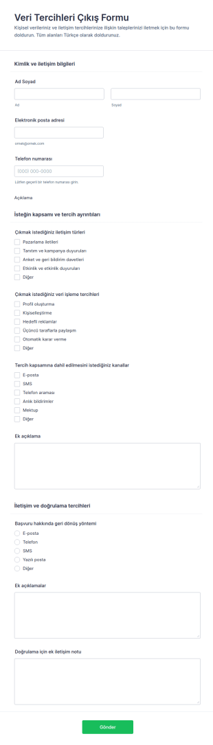 Çerez Tercihleri Çalışma Form Şablonu