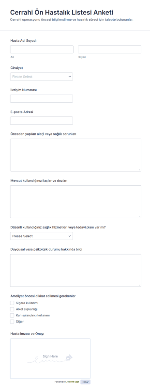 Cerrahi Ön Hastalık Listesi Anket Form Şablonu