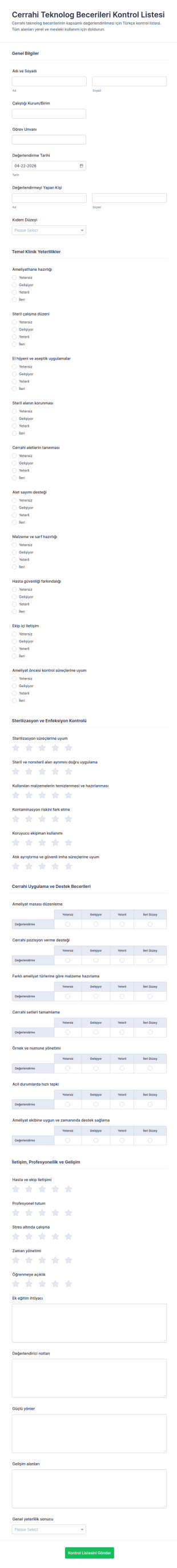 Cerrahi Teknisyenleri Yetenekleri Kontrol Listesi Form Şablonu