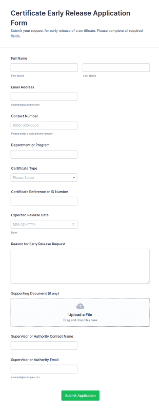 Certificate Early Release Application Form Template