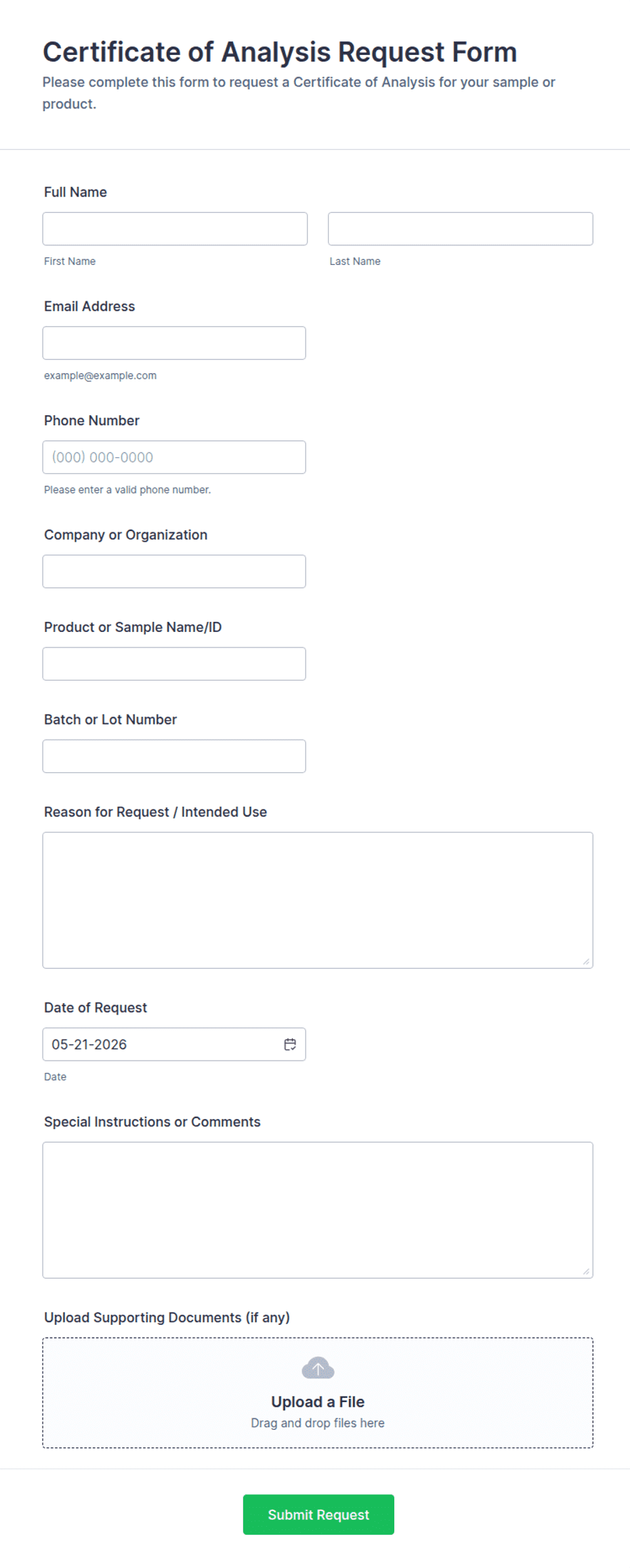 Certificate of Analysis Request Form Template | Jotform