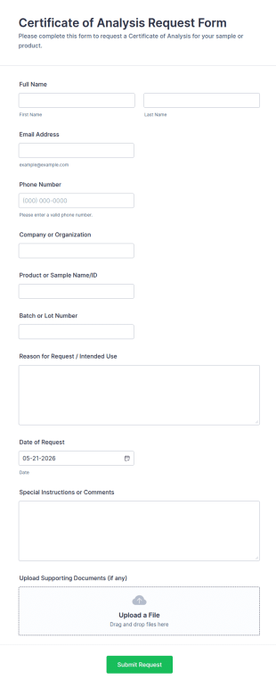 Certificate Of Analysis Request Form Template