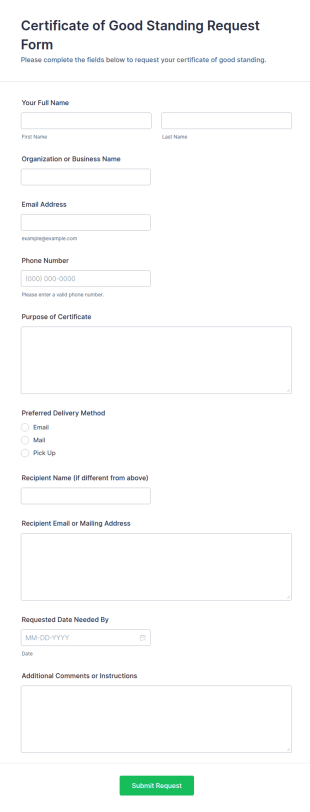 Certificate Of Good Standing Request Form Template