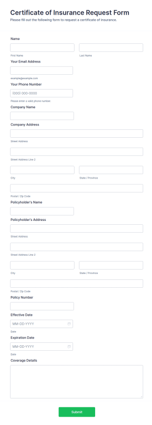 Certificate Of Insurance Request Form Template