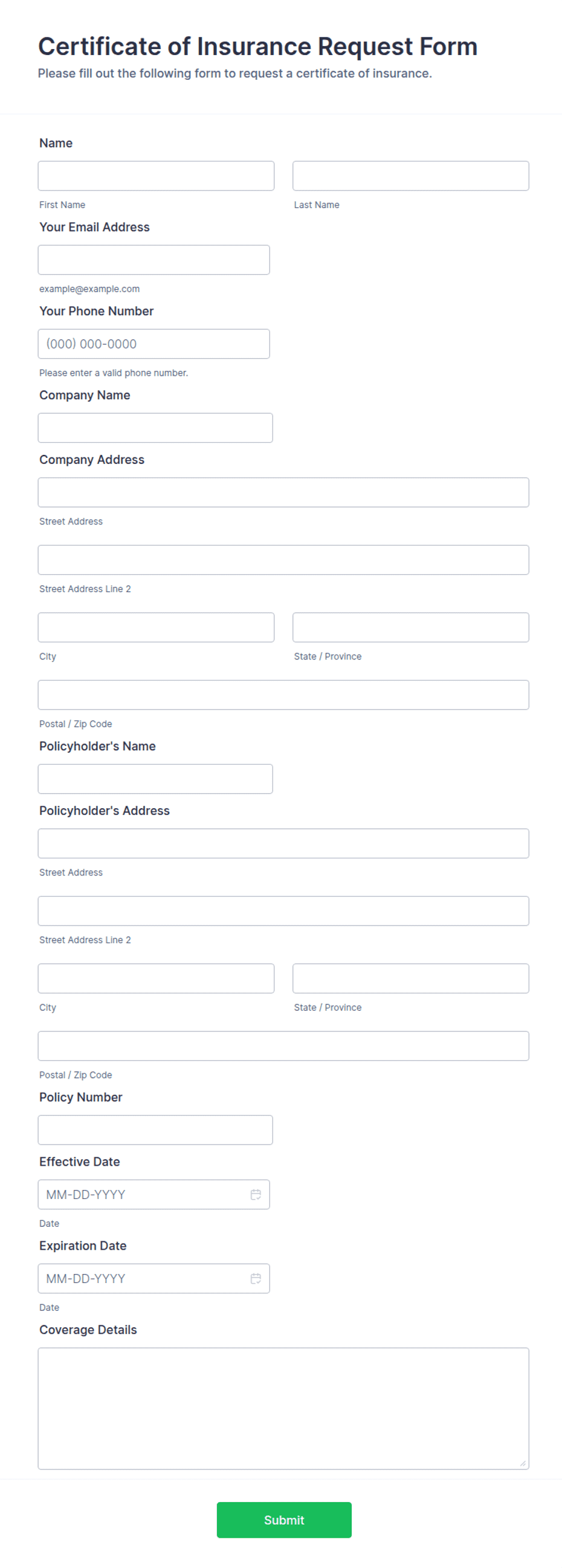 Rgii Insurance Form Certificate of Insurance Request Form Template | Jotform
