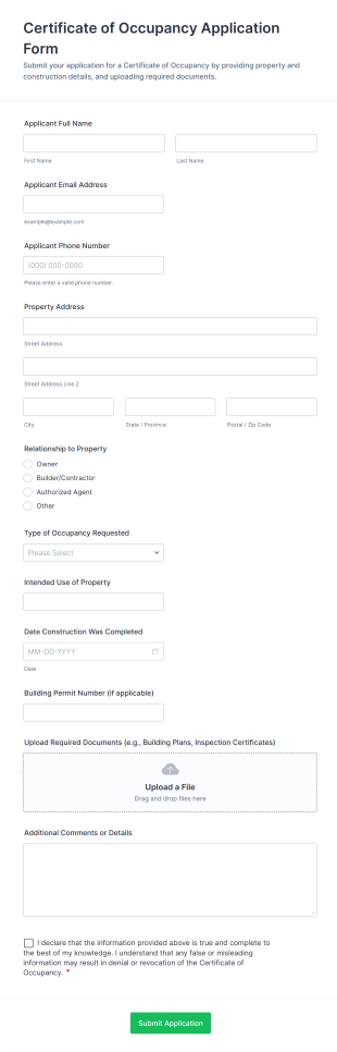 Certificate Of Occupancy Application Form Template