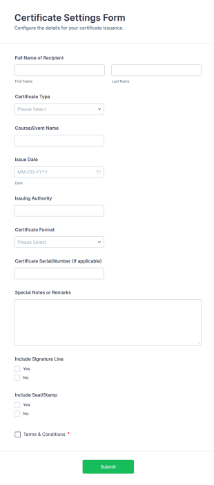 Certificate Settings Form Template