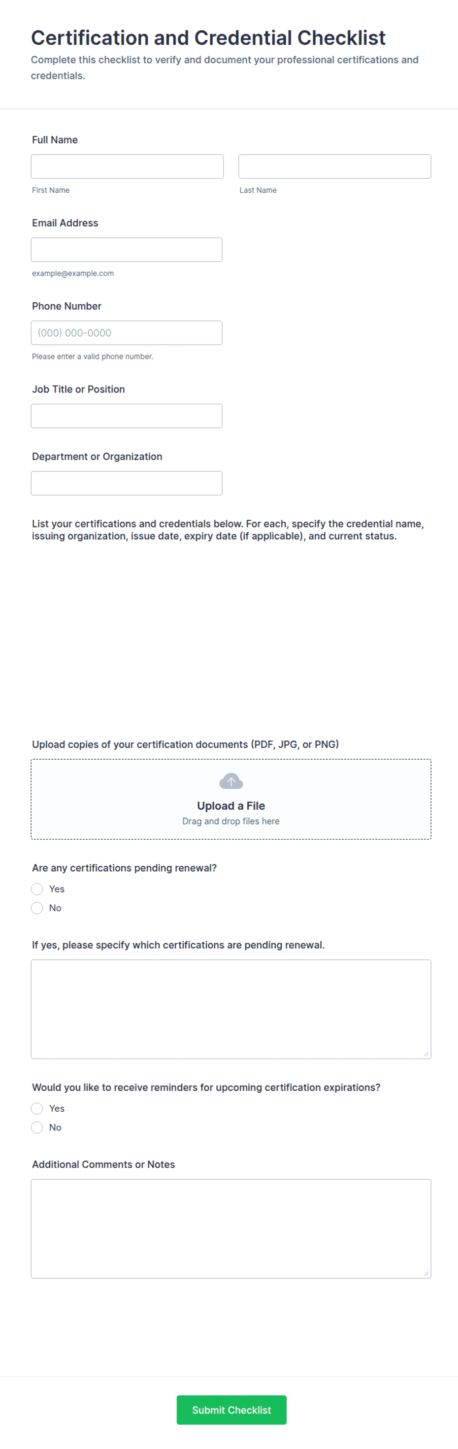 Certification and Credential Checklist Form Template | Jotform