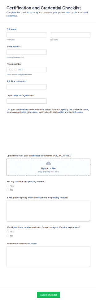 Certification And Credential Checklist Form Template