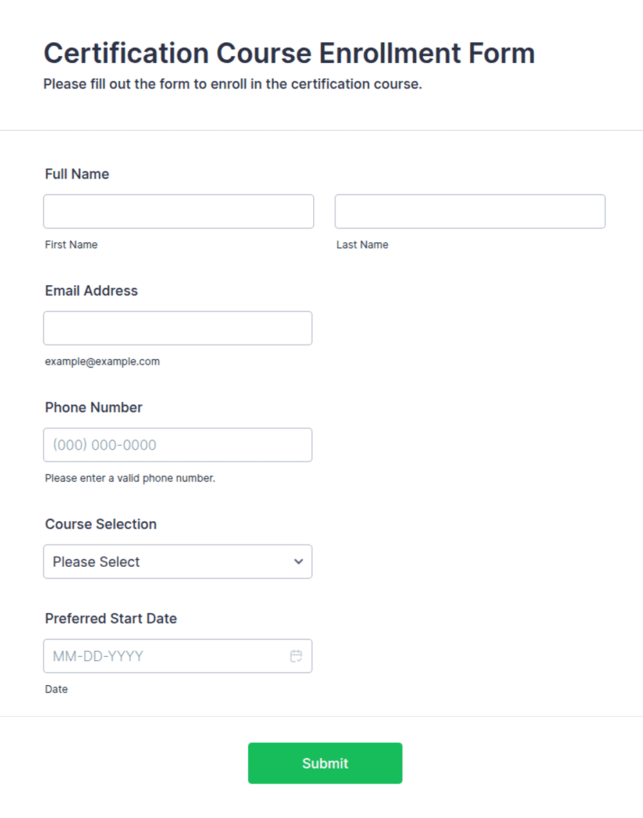 Certification Course Enrollment Form Template | Jotform