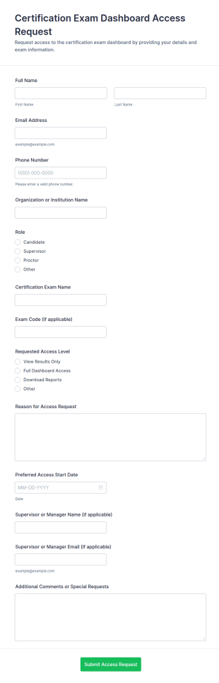 Certification Exam Dashboard Access Request Form Template
